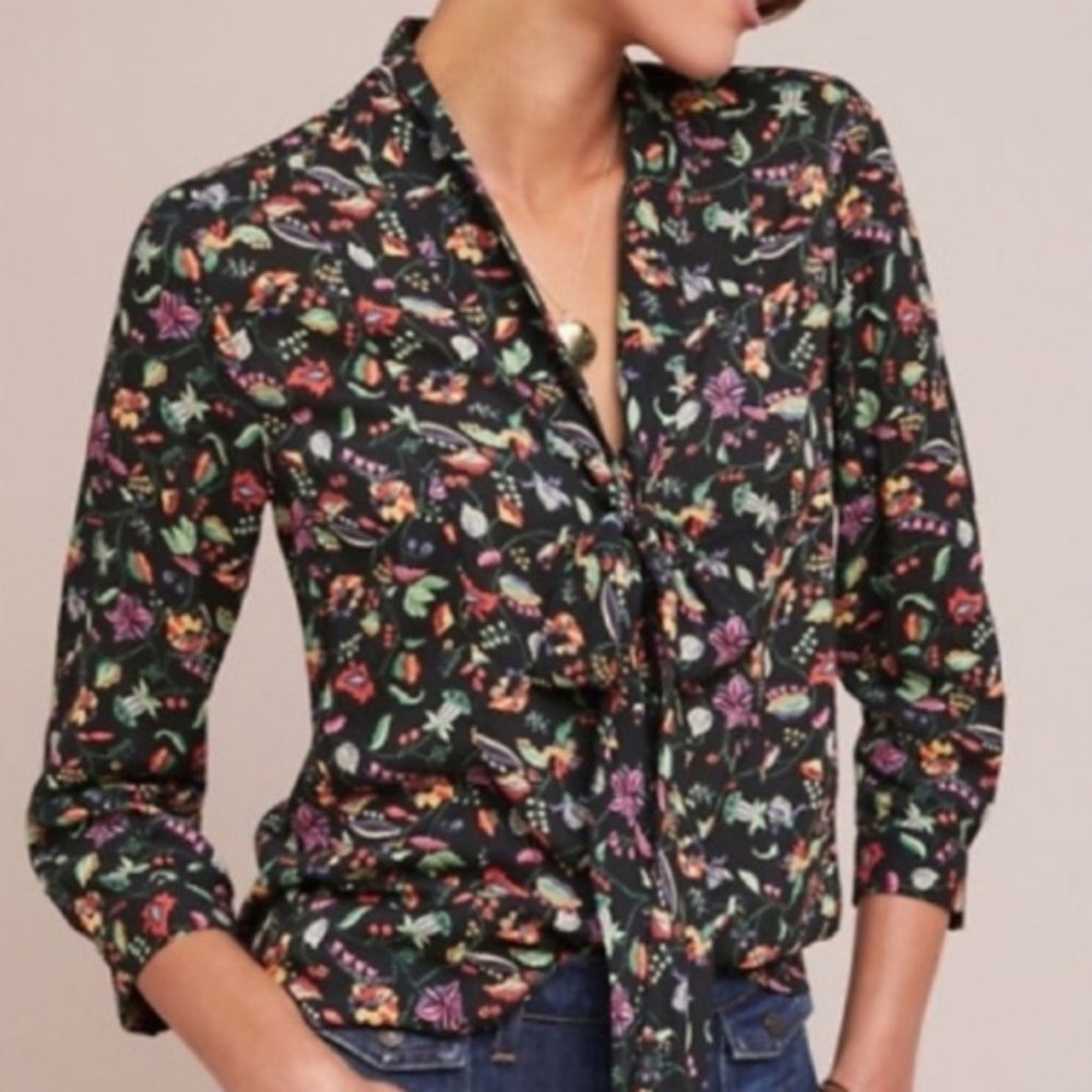 New Anthropologie conversations 21 of 52 floral neck tie button blouse size 0